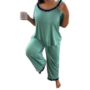 Women's plus size bean green pajama set with round neck and lace ruffle trim details