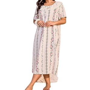 Floral print plus size nightdress with ruffled round neck and bow tie in light pink