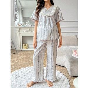 Floral V-neck maternity pajama set with lace ruffles and soft printed housecoat style