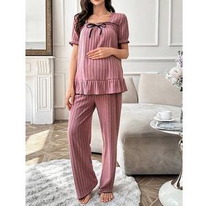 Pink striped maternity pajama set with square neck top and long pants for home