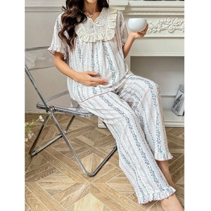 Detail of V-neck lace trim and floral print on soft cotton maternity pajama set