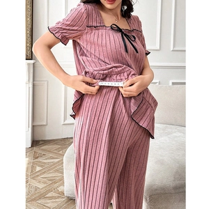 Loose maternity pajamas set in purple with square neck, bow detail and adjustable waist