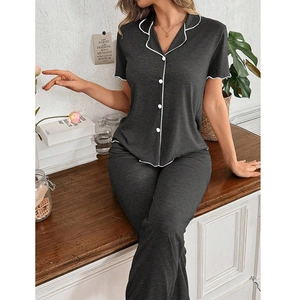 Women's Cardigan Pajama Set Short Sleeve Top And Bottom Revere Collar Lettuce Edge Soft Knitted Cotton Loungewear Set