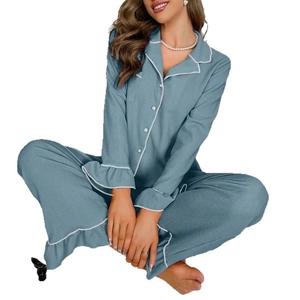 Mist blue ribbed pajamas set with lapel collar and ruffle cuffs for women