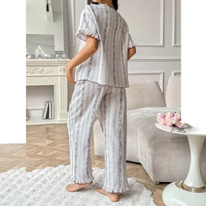 Floral V-neck maternity pajama set with ruffle trim short sleeves and patterned pants