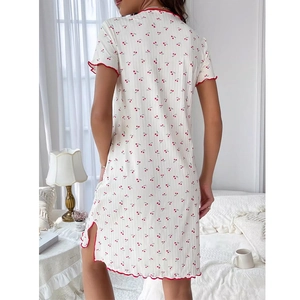 White cherry print short sleeve nightgown for women with red wavy edges and side slit