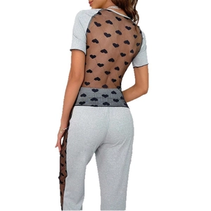 Women's grey two-piece pajama set with short sleeves and heart mesh splicing detail