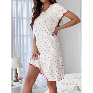 White cherry print short sleeve nightdress with red lettuce trim and round neck
