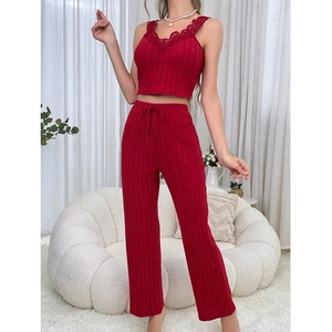 Red knit V-neck camisole and drawstring pants loungewear set with lace trim