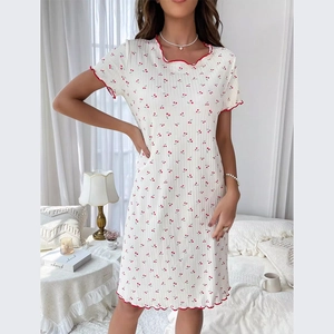 Short sleeve cherry print sleepwear dress with red ruffled edges for sweet home comfort
