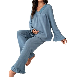 Ensemble de détente pour maternité bleu avec col en V, dentelle et volants pour femme
