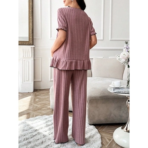Pink ribbed short sleeve maternity pajama set with ruffle trim and wide leg pants