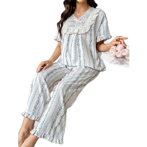 Women's V-neck lace maternity pajama set with floral print short sleeve top and pants