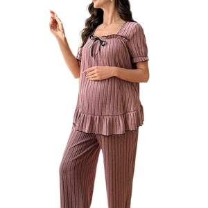 Dusty pink maternity loungewear set with ribbed texture, square neck and bow detail