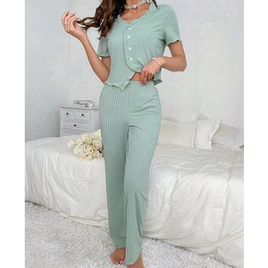Women Ribbed Knit Pajamas V Neck Short Sleeve Button Top Long Pants Lettuce Edge Trim Sage Green Casual Loungewear