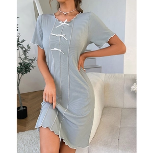 Short sleeve light blue knit nightgown with white bows and ruffled lettuce trim