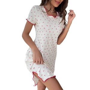 Short sleeve white nightdress with red cherry print and ruffled edges for women