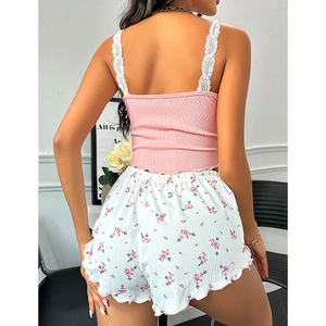 Women floral pajama set with pink ribbed camisole and lace trim lace-up shorts