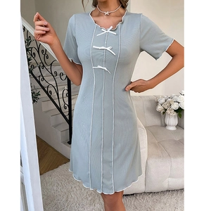 Sweet light blue-grey short sleeve nightdress with white bows and ruffled trim details