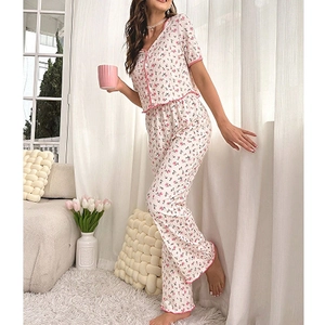 Floral print pajama set with V-neck button short sleeve top and long pants for women