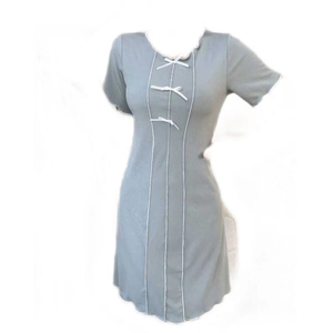 Sweet light blue short sleeve nightdress with white bows and scallop neckline trim