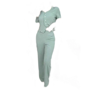 Women's two-piece mint green ribbed knit pajama set with ruffle trim and button-up top