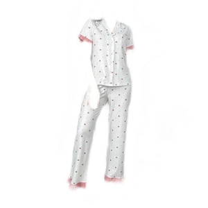 Women's pajama set with pink heart print, striped short-sleeve top and pants with lace trim