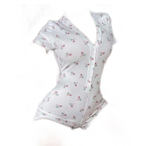 Women's summer floral romper with V-neck, short sleeves, and ribbed fabric in white and pink
