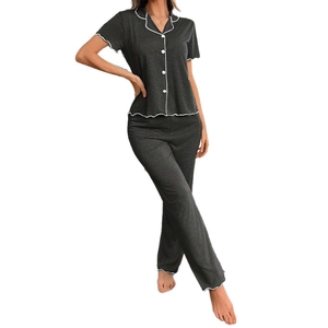 Women's dark gray short-sleeve pajama set with white wavy edges and long pants