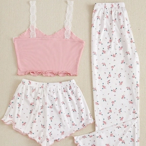 Sweet floral three-piece pajama set including pink lace camisole, shorts, and long pants