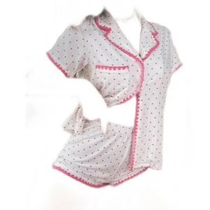 Women's heart print short pajama set with button-up shirt and shorts in sweet style