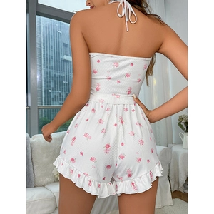 Floral backless halter romper with ruffle hem and vertical ribbed texture loungewear
