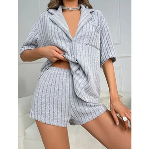 Women's Summer Ribbed Knit Pajama Set Short Sleeve Lapel Button Down Top And Shorts Two Piece Homewear Grey