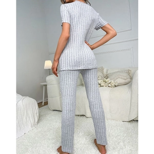 Women's light gray V-neck striped loungewear set with short sleeves and pants, back view