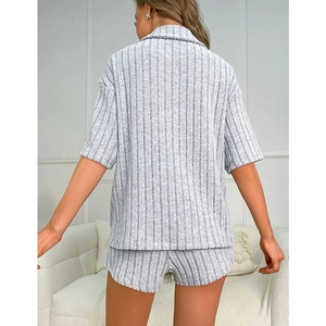 Women's pajama set featuring short sleeve lapel cardigan and shorts in grey stripes