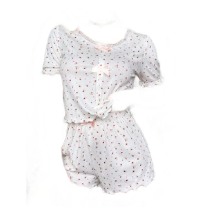 Pyjama court fleuri pour femme avec bordures volantées et nœuds en soie rose