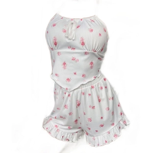 Women's floral rib-knit camisole and ruffle shorts sleepwear set in white and pink