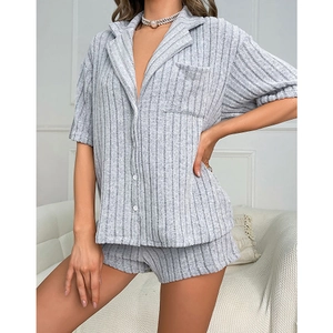 Short sleeve lapel pajama set in light grey textured fabric with vertical stripes