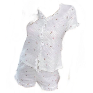 Floral print pajama set with V-neck waffle fabric top and shorts with ruffle trim