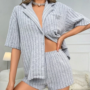 Women short sleeve pajama set in grey ribbed knit fabric with lapel collar button-up top