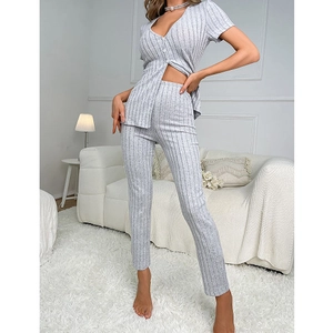 Women's light gray V-neck short sleeve and high waist pants pajama set in rib knit fabric