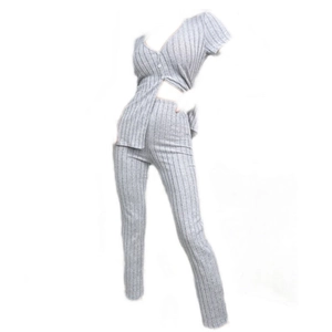 Women's grey V-neck short sleeve pajama set with striped ribbed texture and long pants