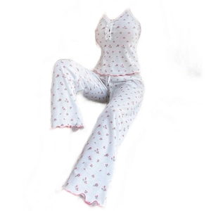 Floral print sleepwear set with lace V-neck camisole and ruffled trousers for women