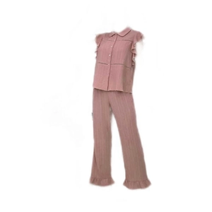 Women's ruffle sleeve pajama set with lapel shirt and trousers in dusty pink pleated fabric