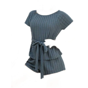 Women's two-piece striped loungewear set with short-sleeve tie-waist top and matching shorts