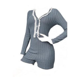 Gray long sleeve romper with V-neck lace trim and button details for loungewear