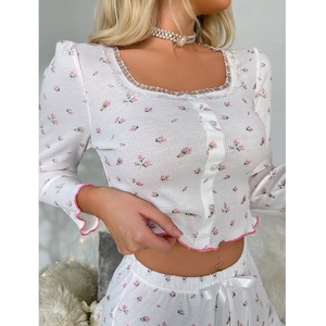 Women floral waffle knit pajama set with square neck long sleeves and lace trim detail