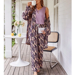 Ensemble pyjama 3 pièces pour femme avec motif cachemire, peignoir long et pantalon large