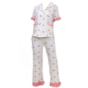 Women's floral pajama set with short-sleeve shirt and long pants in cream pink
