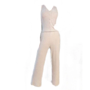 Set pigiama da donna con canotta scollo a V e pantaloni larghi in maglia a coste